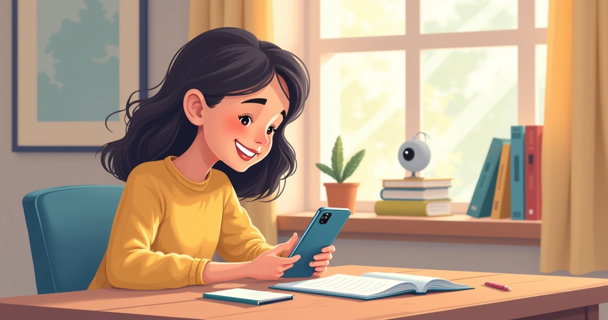Aluna brasileira praticando inglês com IA no celular, sorrindo, sozinha em casa 