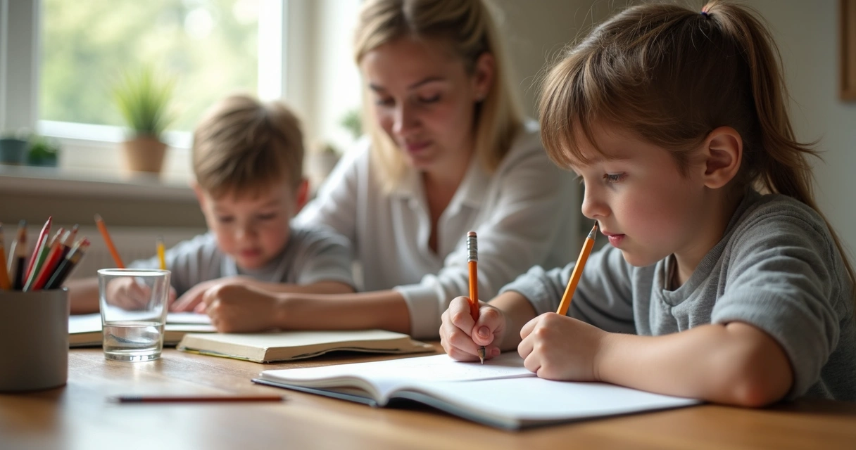 Aluno fazendo tarefa com apoio de adulto e material escolar 