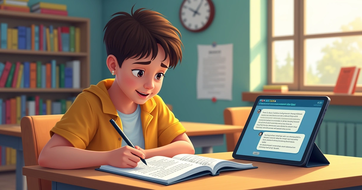 Jovem lendo texto impresso com IA no canto da imagem 