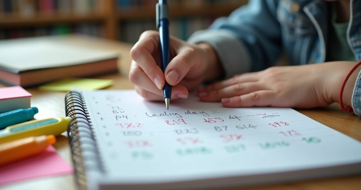 Aluno anotando erros em caderno após simulado 