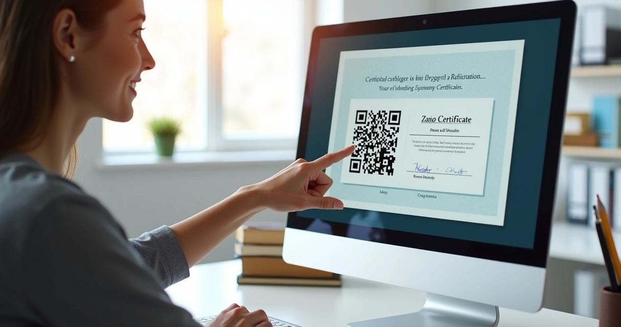 Pessoa sentada diante de computador mostrando certificado digital na tela