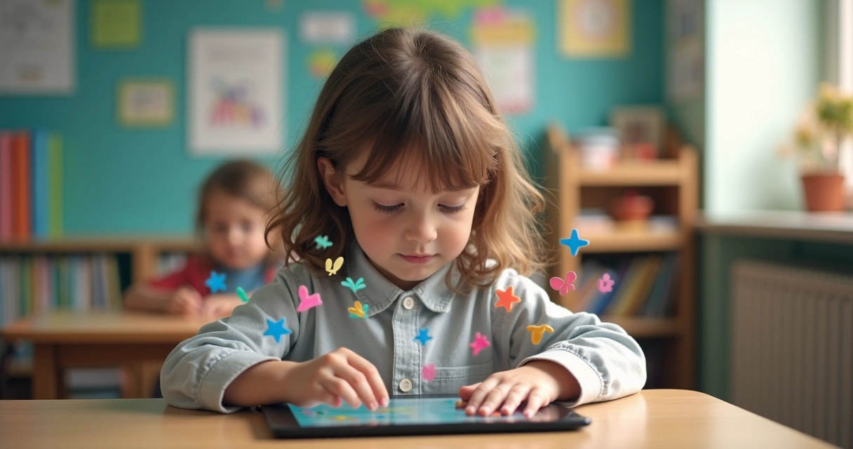 Criança aprendendo no tablet em ambiente escolar