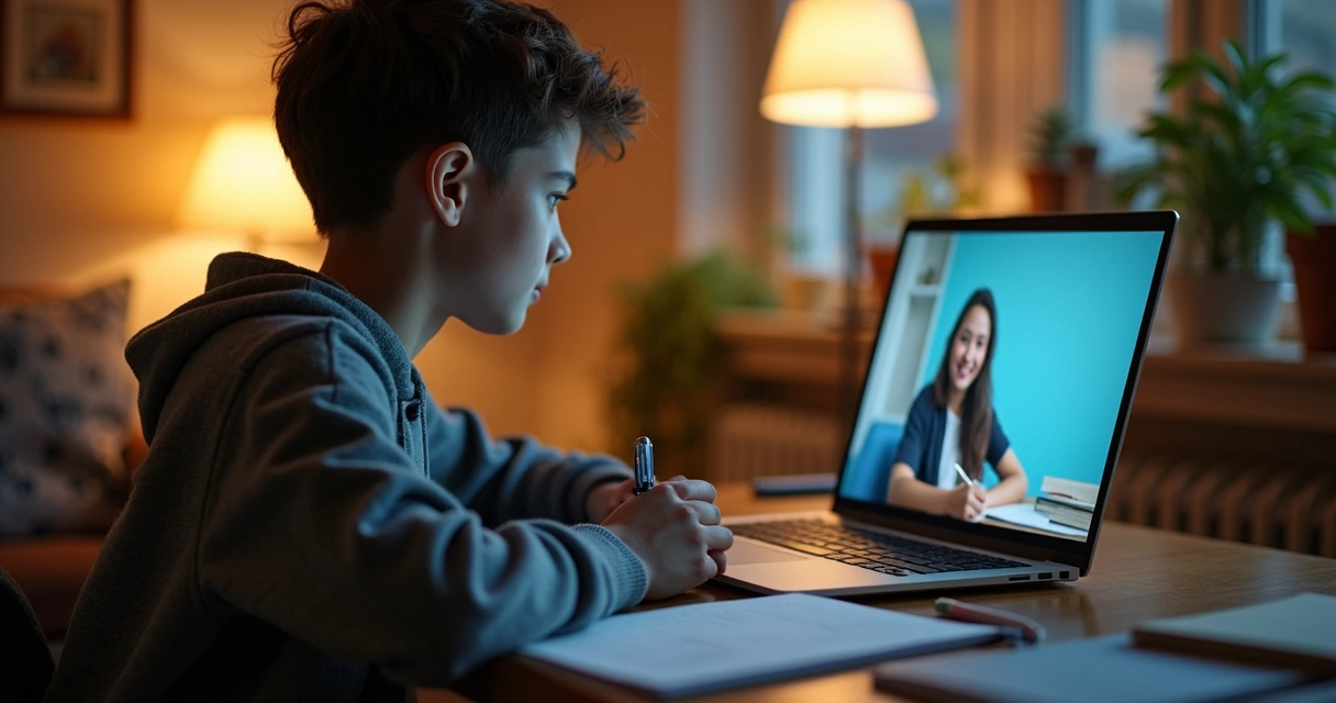 Aluno sentado em casa assistindo uma vídeo aula pelo notebook, prestando atenção e fazendo anotações 