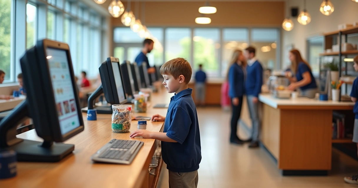 Aluno sendo atendido em cantina escolar sem uso de dinheiro 
