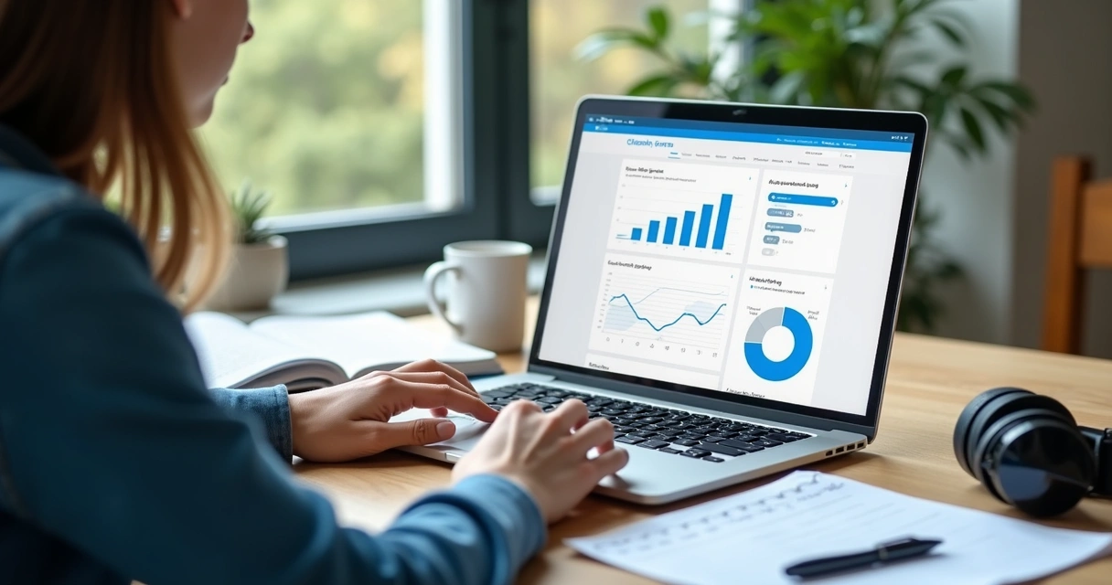 Aluno realizando avaliação online no notebook com anotações ao lado 