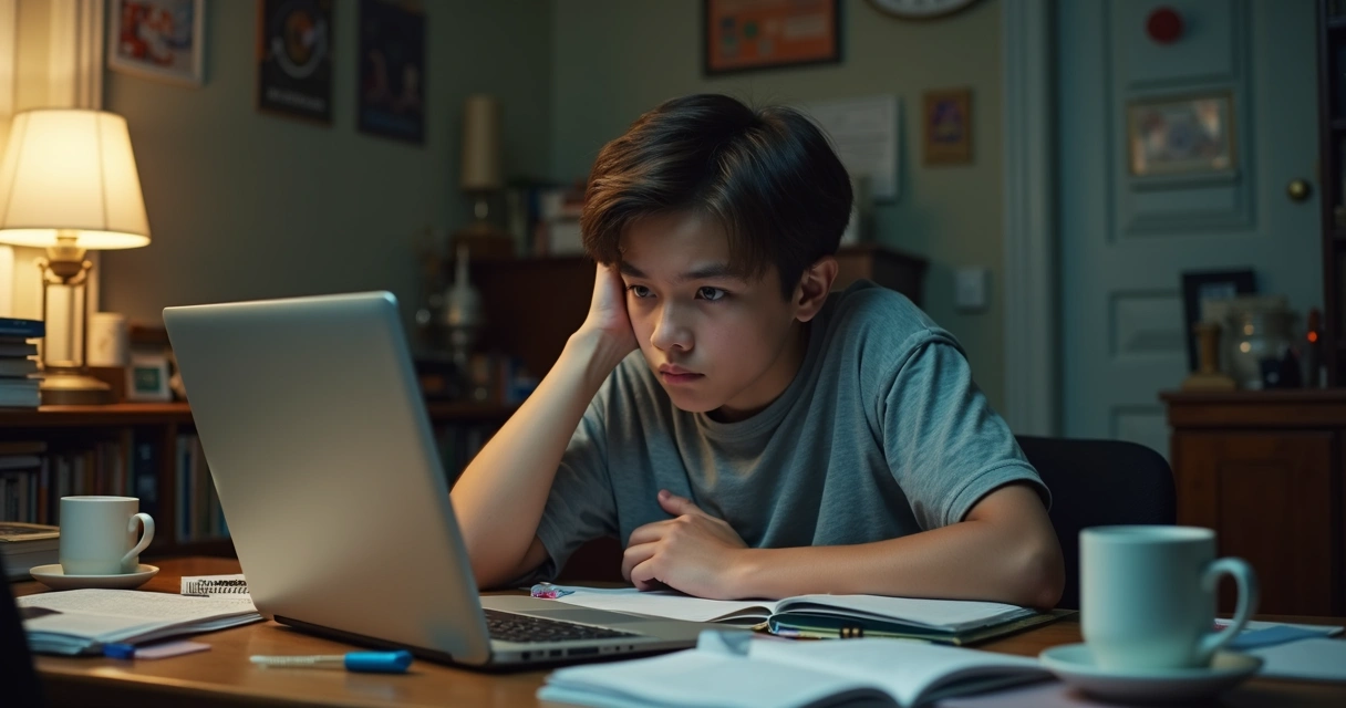 Aluno cansado olhando para tela de computador durante aula EAD 