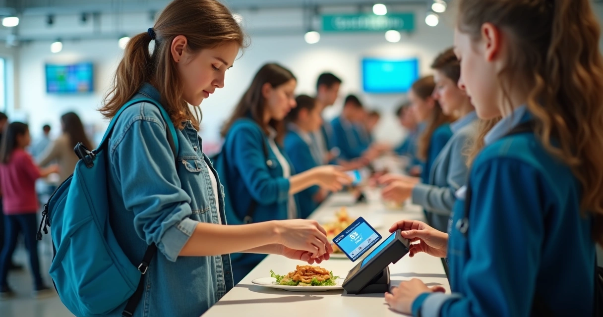 Aluno em cantina escolar moderna usando cartão recarregável 