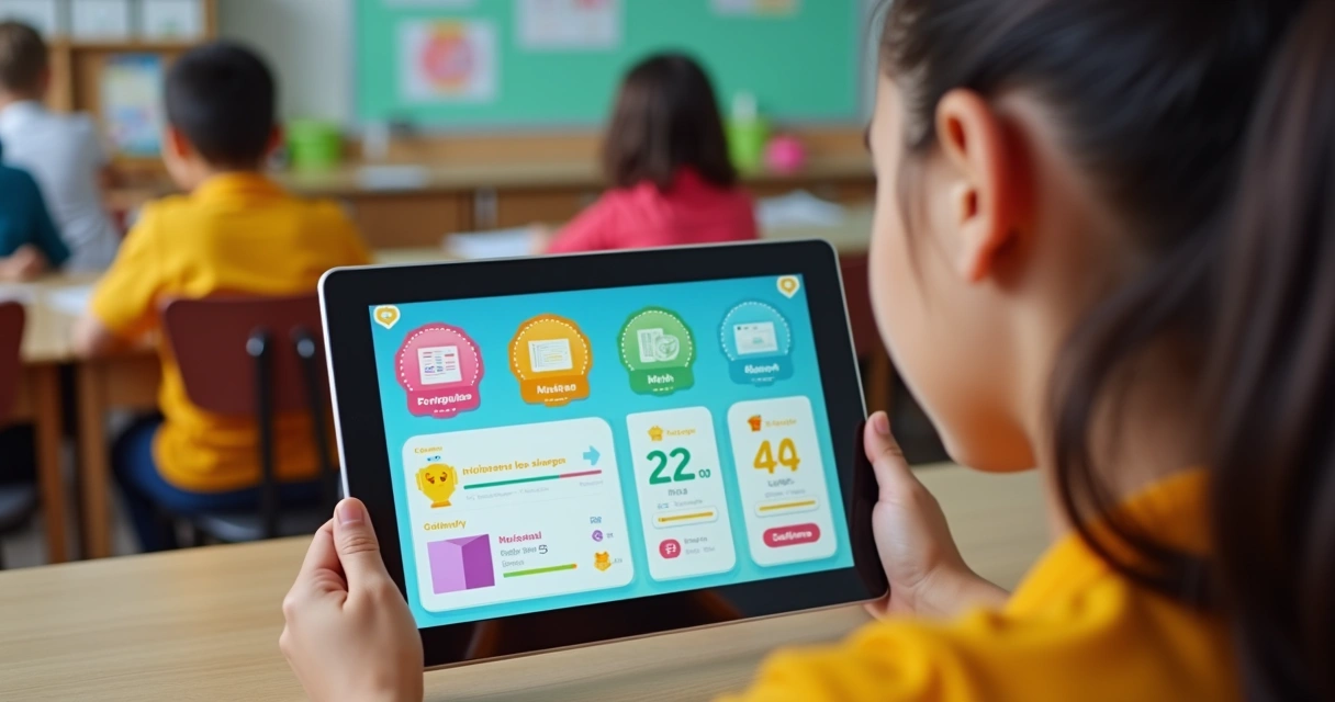 Aluno usando tablet em plataforma gamificada educativa 