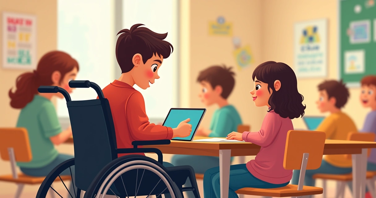 Aluno com deficiência usando tecnologia assistiva 