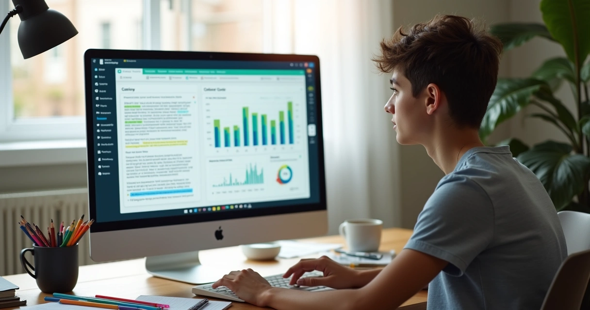 Aluno estudando em computador com sugestões de conteúdo personalizado na tela 