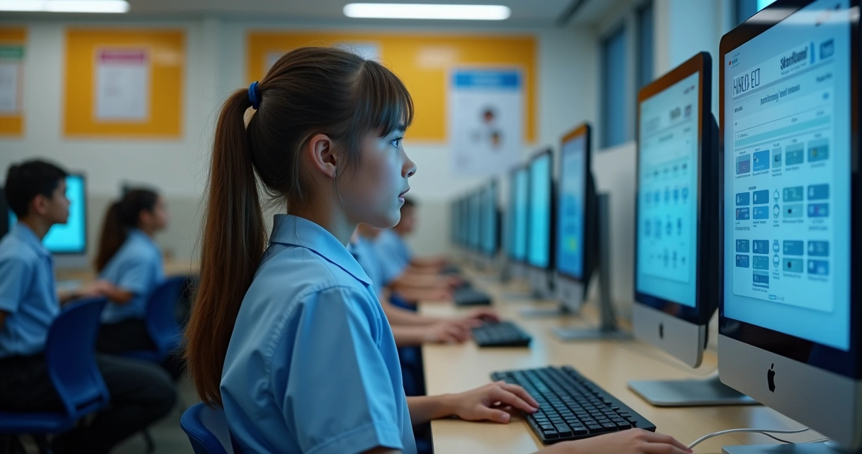Estudante usando computador em ambiente escolar em Parnamirim 