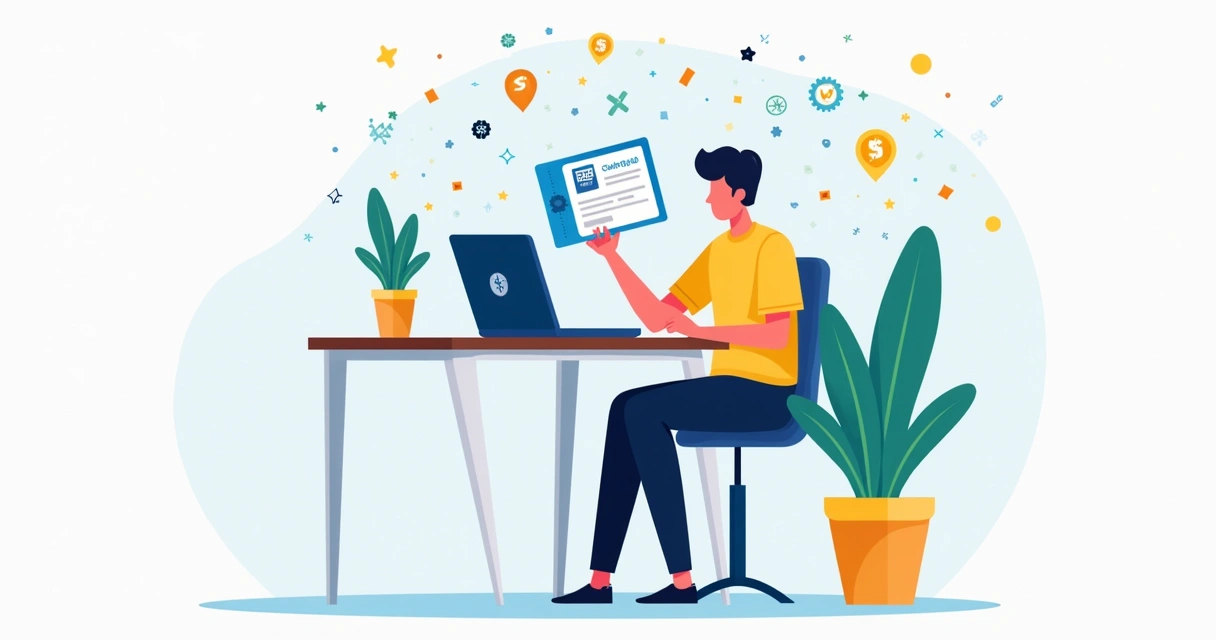 Aluno feliz mostrando licença MS Project e laptop aberto 