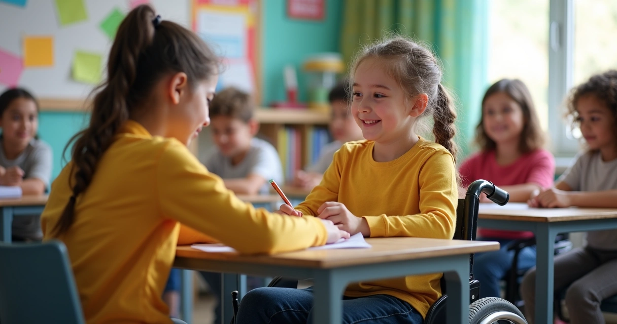 Aluno com deficiência participando de atividade escolar junto aos colegas 