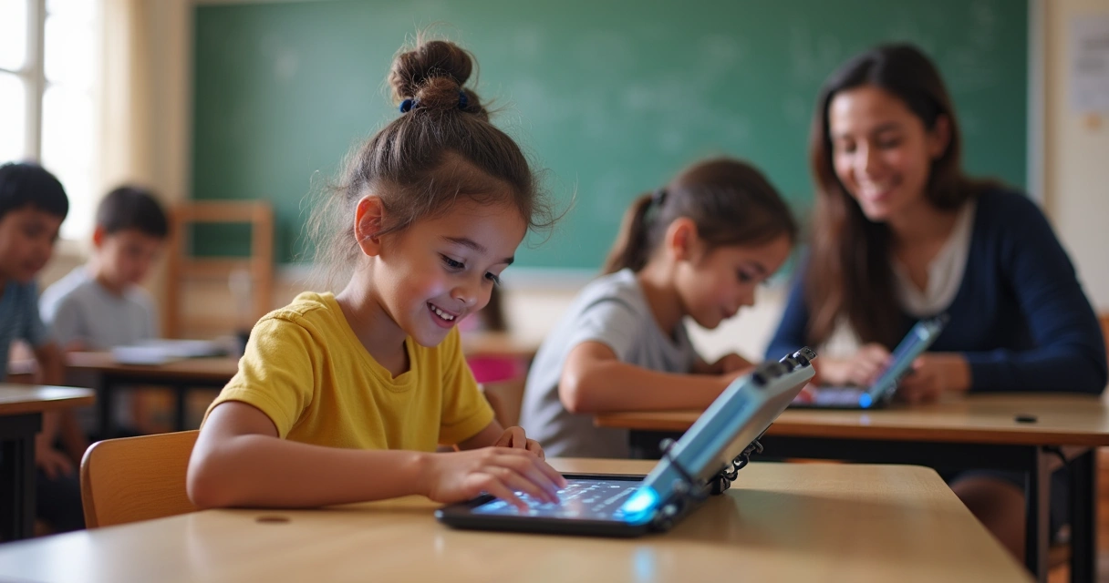 Aluno com deficiência usando tecnologia adaptada 