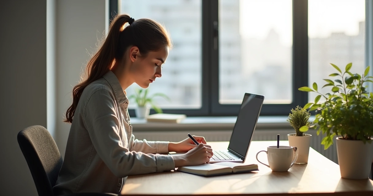 Pessoa estudando em casa com notebook, livros e caneta ao lado 