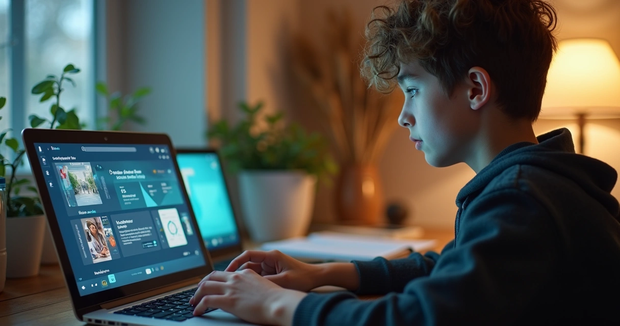 Aluno interagindo em plataforma EAD com IA sugerindo materiais 