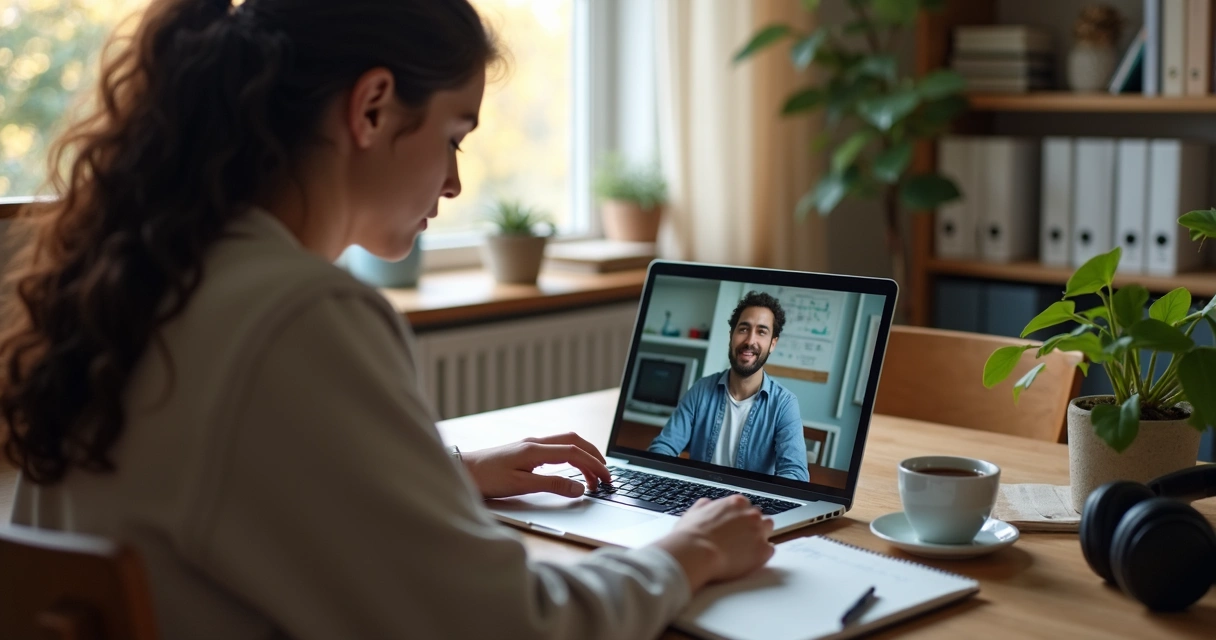 Aluno em aula online com computador e caderno