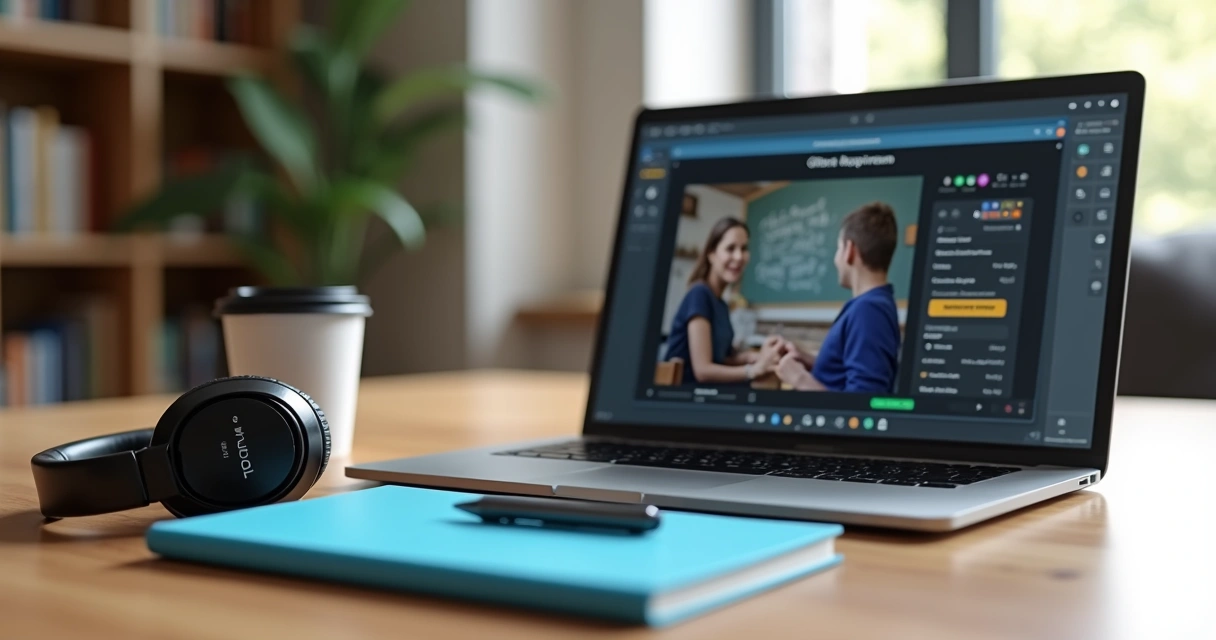 Mesa organizada com computador, caderno, fone de ouvido e café, prontos para estudo EAD 