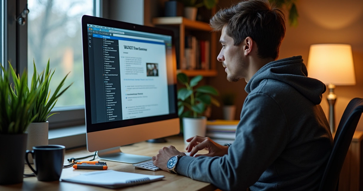 Aluno estudando auditoria em saúde com materiais digitais e impressos