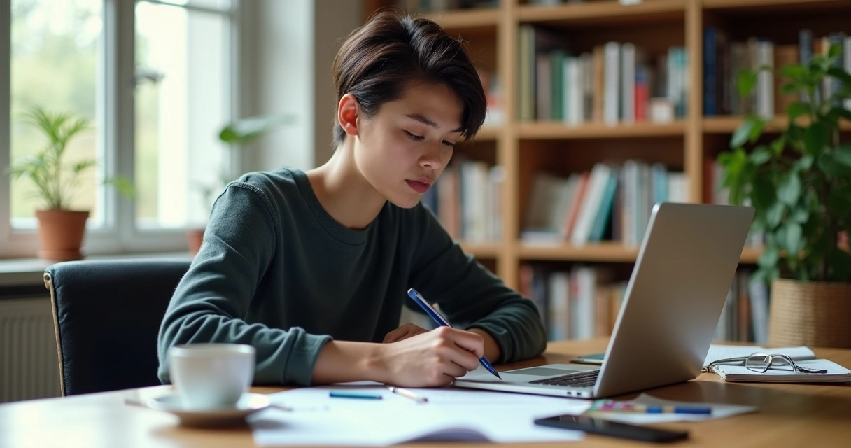 Pessoa estudando no computador com materiais e anotações ao lado 