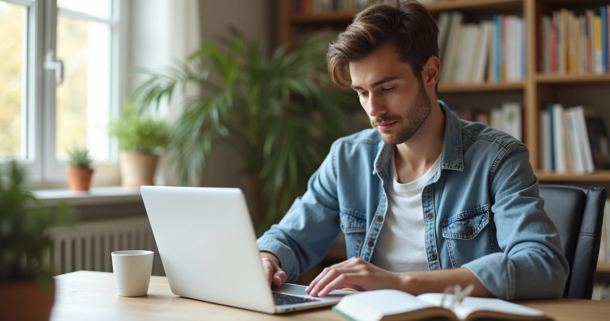 Pessoa adulta estudando em casa com notebook e caderno na mesa, ambiente claro e organizado. 