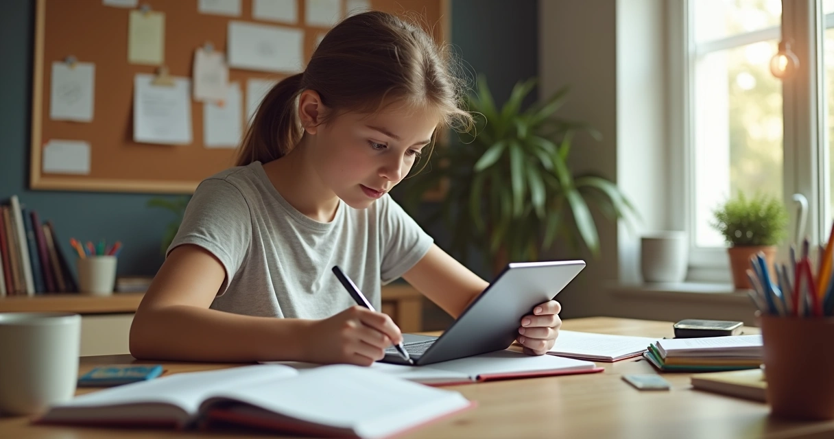 Aluno estudando em casa usando tablet 
