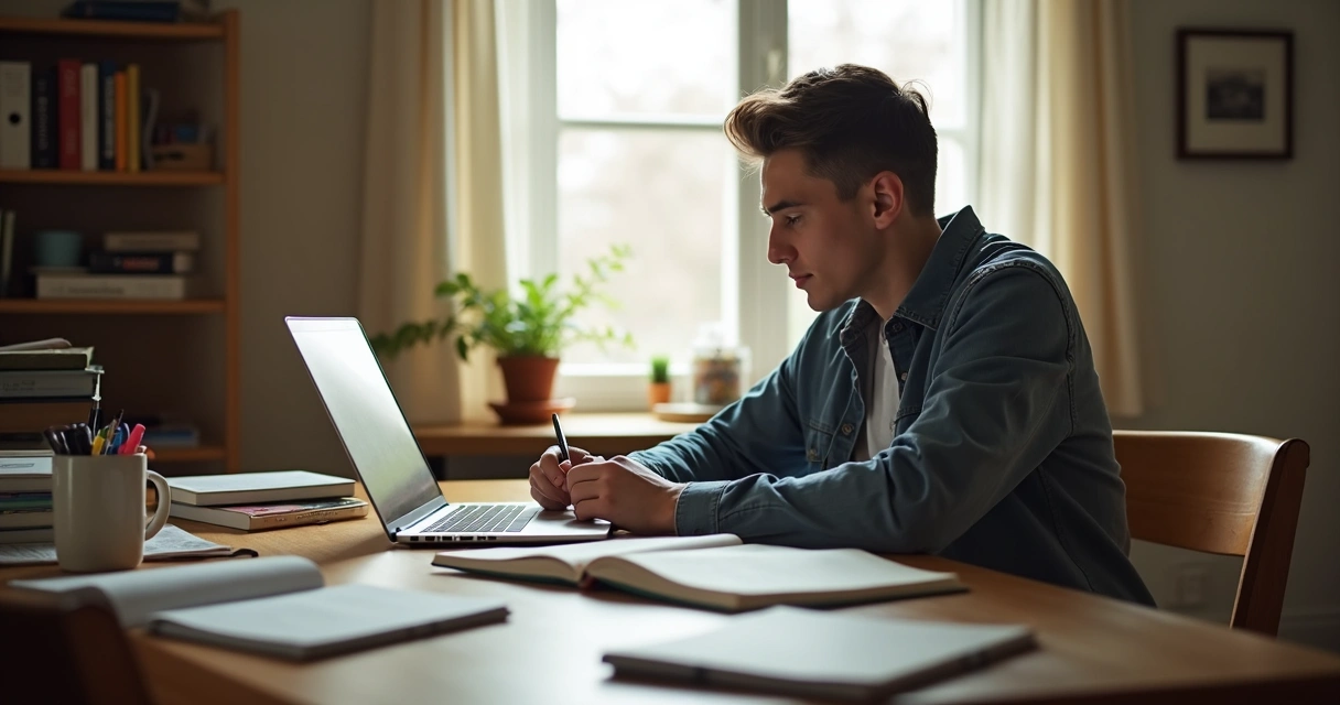 Jovem sentado à mesa, estudando em notebook com livros ao redor 