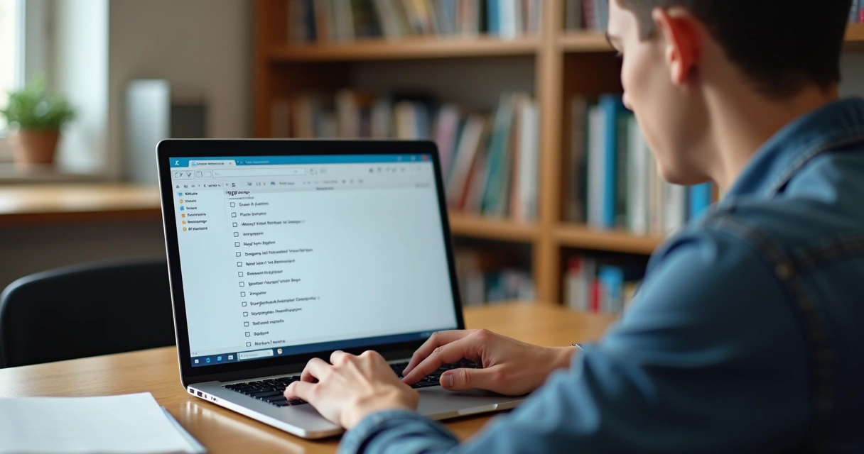 Aluno estudando online com checklist de tarefas na tela