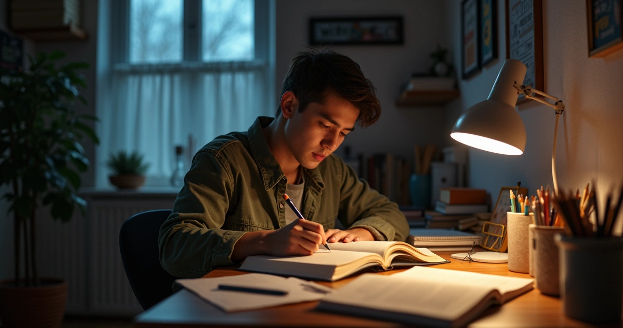 Estudante revisando conteúdos à noite no quarto, cercado de livros e cadernos