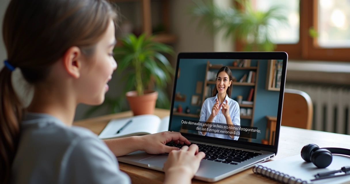 Aluno participando de aula bilíngue online com professor estrangeiro 