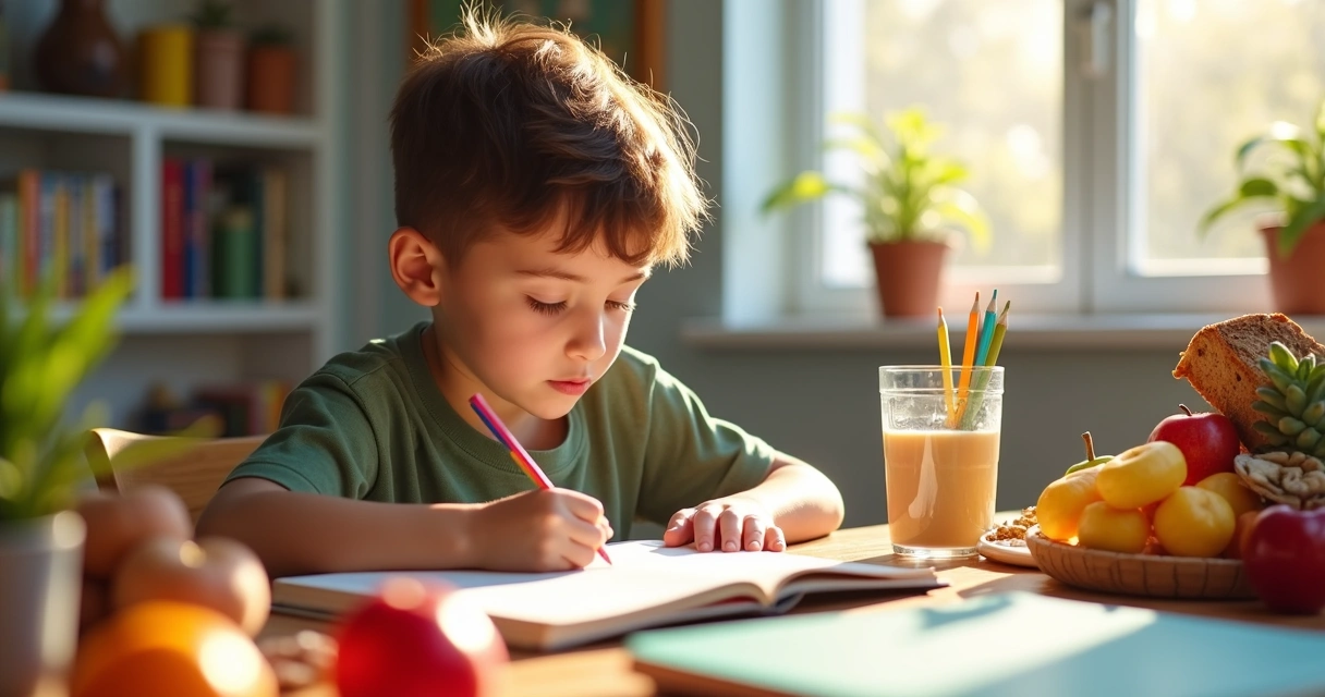 Jovem estudando rodeado por frutas e cereais integrais