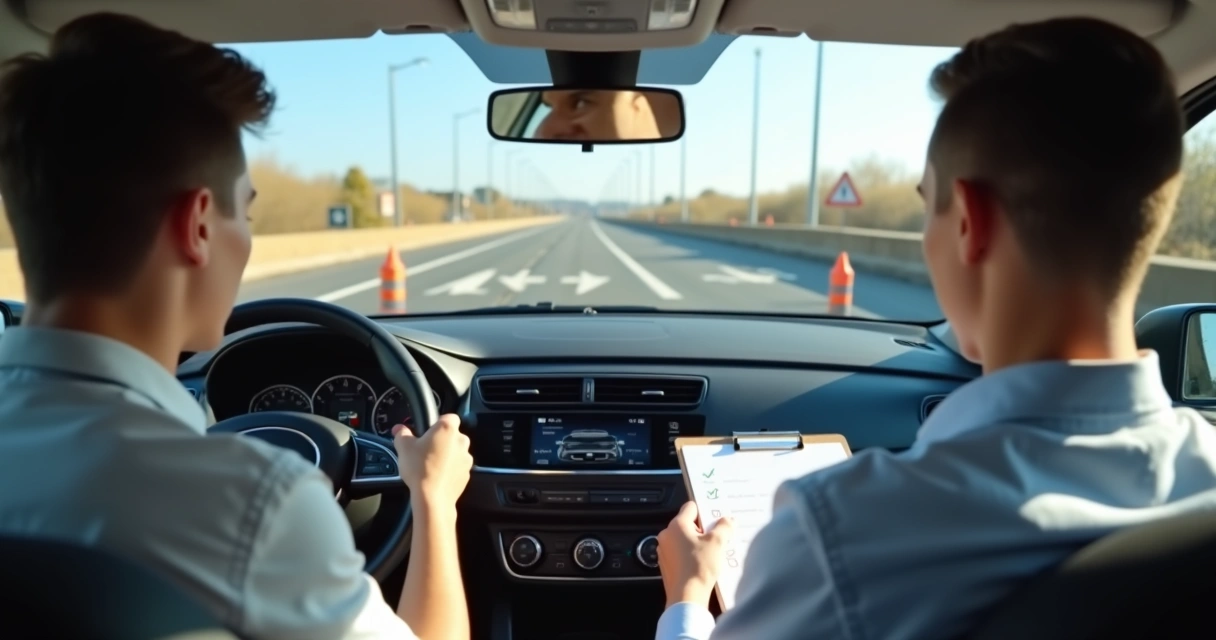 Aluno fazendo exame prático de direção com avaliador ao lado em pista de autoescola 