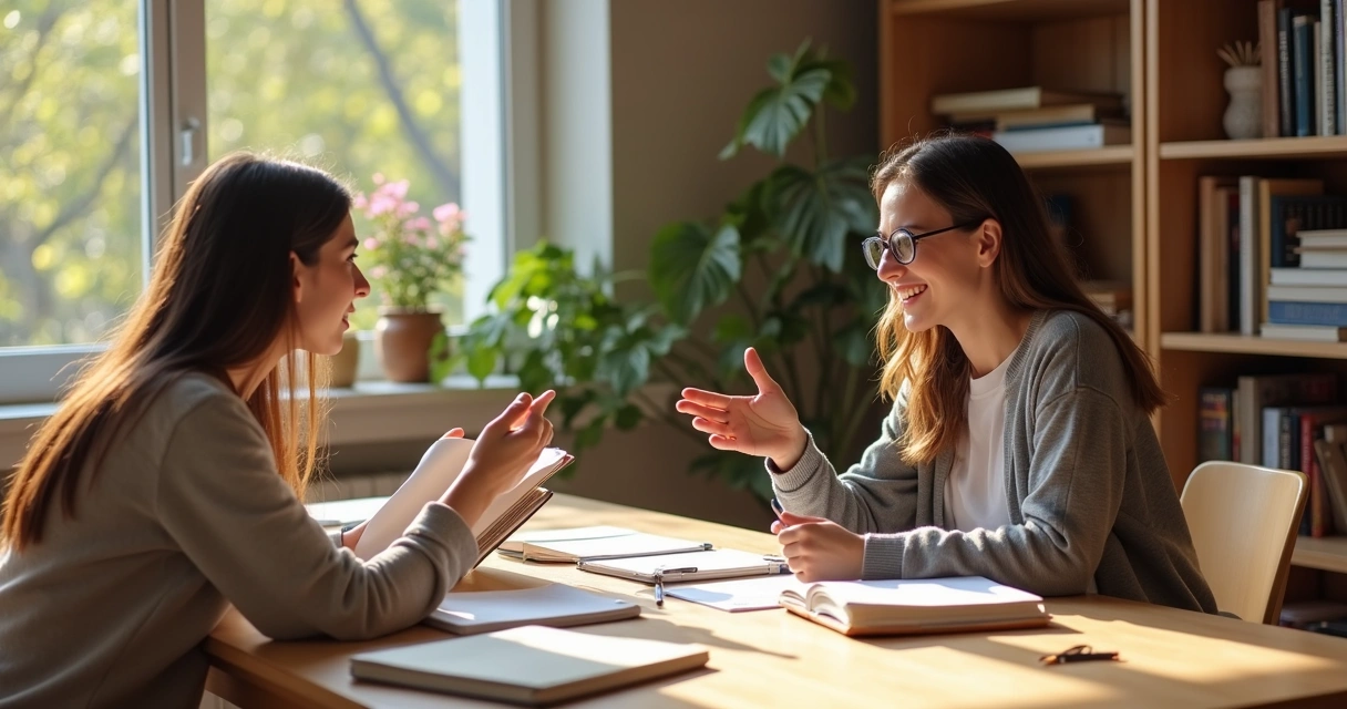 Aluno explicando conteúdo em voz alta para colega em mesa de estudo