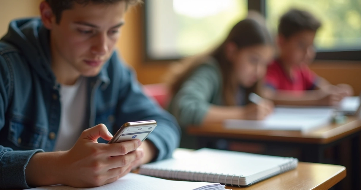 Estudante pesquisa em smartphone na escola sentado com caderno aberto 