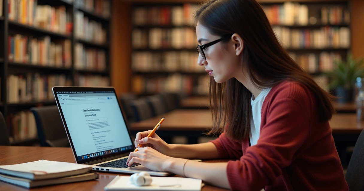 Estudante universitário acessando curso superior em notebook na biblioteca 