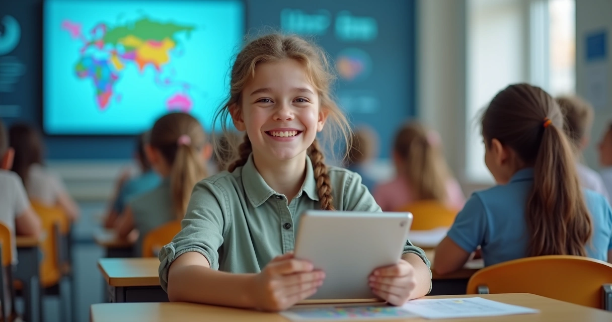 Aluno estudando em sala digital e aprendendo com alegria pela tecnologia 