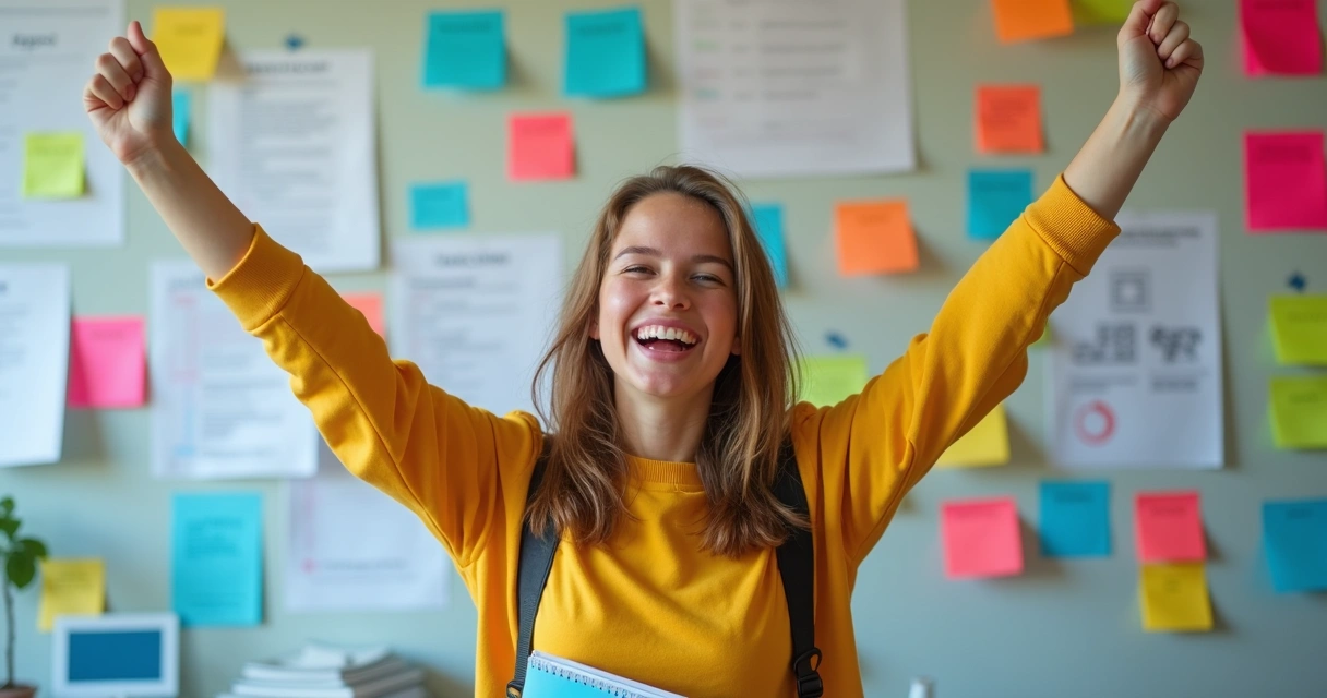 Aluno feliz comemorando resultado do estudo 