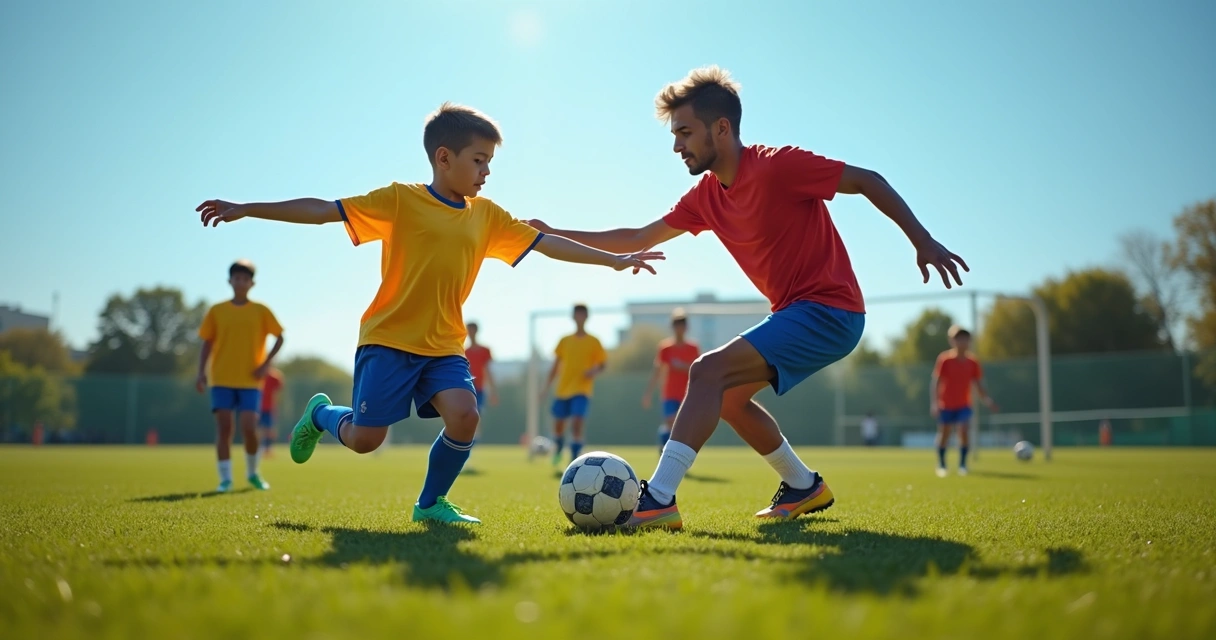 Treinador de futebol orientando aluno em treinamento individual 