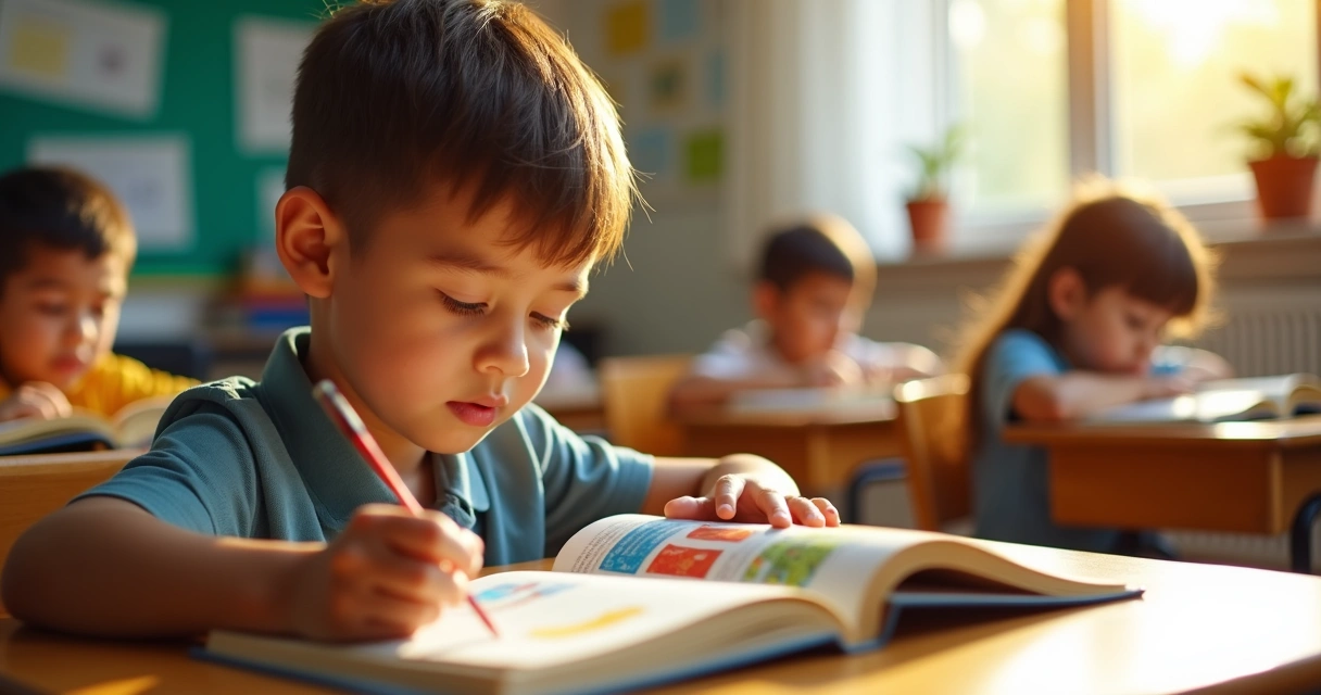 Aluno lendo livro em sala de aula 