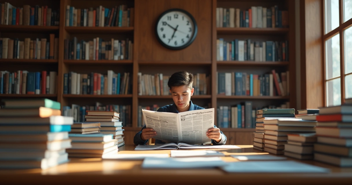 Jovem lendo jornal na biblioteca, cercado por livros de atualidades