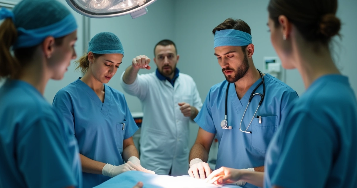 Aluno de medicina visivelmente desconfortável durante procedimento supervisionado pelo preceptor. 