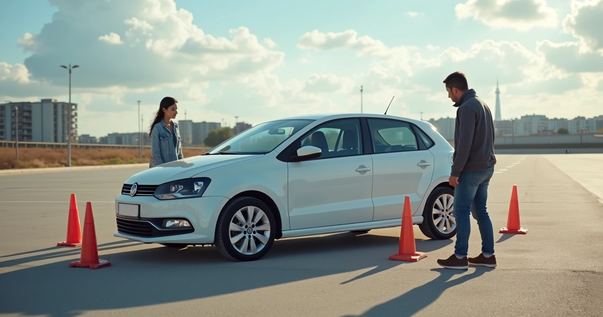 Pessoa prática baliza com instrutor ao lado, ambos atentos no movimento do carro, área aberta, cones e veículo branco