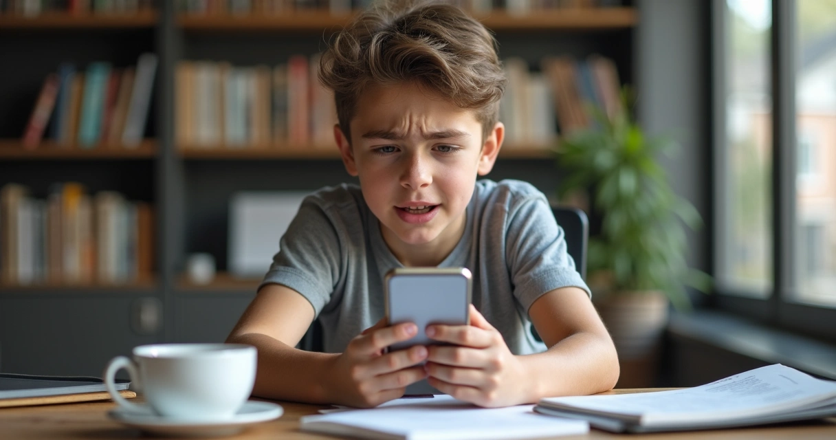 Estudante usando celular, com expressão de frustração.