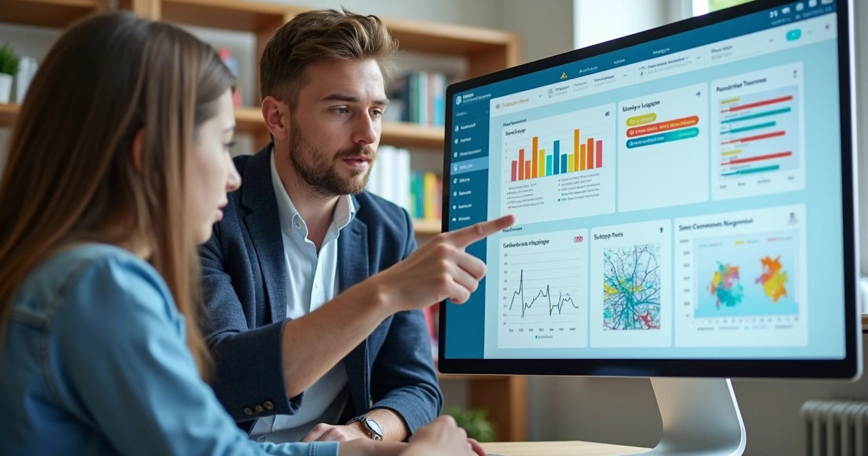 Aluno e professor interagindo com tela de computador mostrando painel de IA 