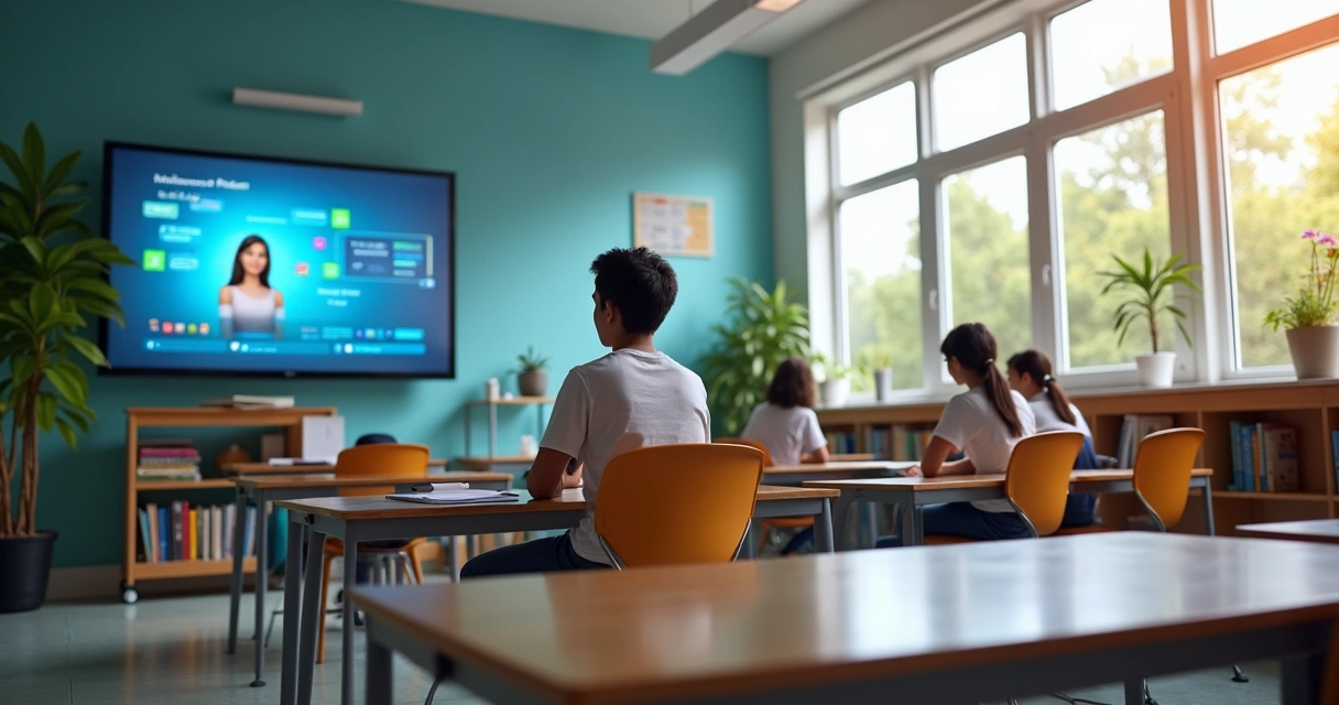 Aluno em sala interagindo com IA em tela digital na escola 