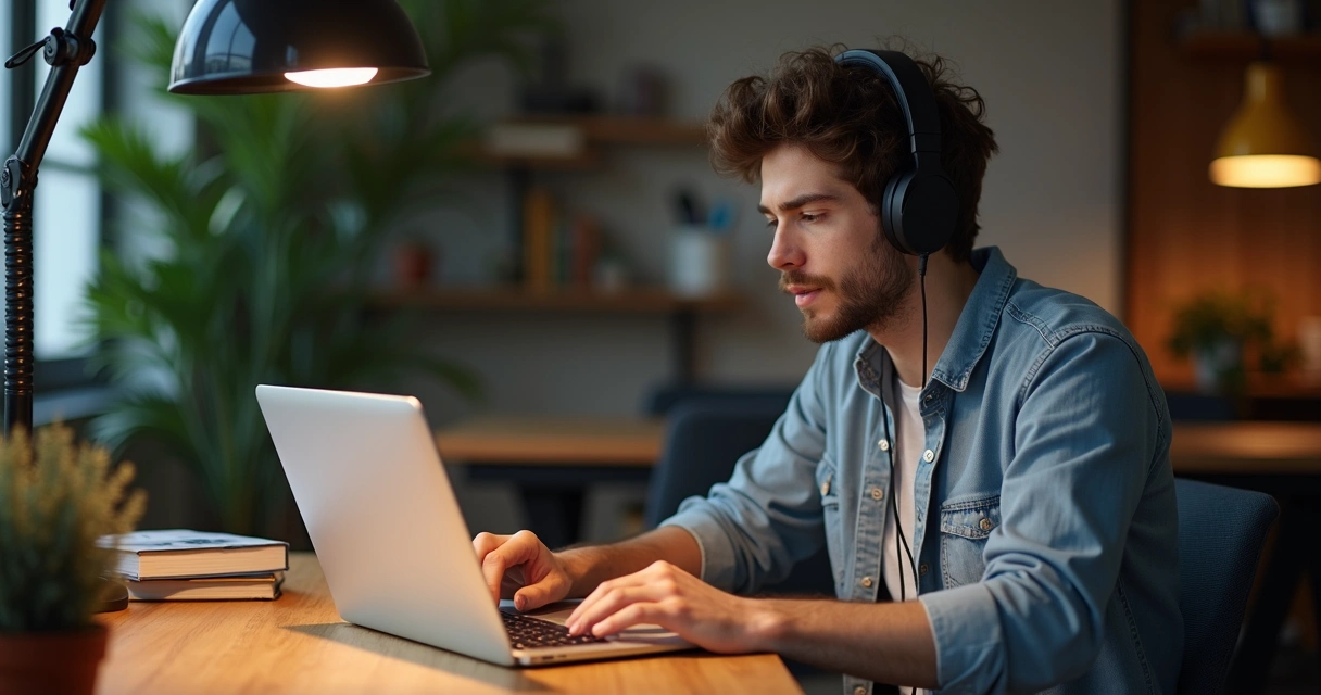 Pessoa sentada estudando TOEFL com computador e fones de ouvido 