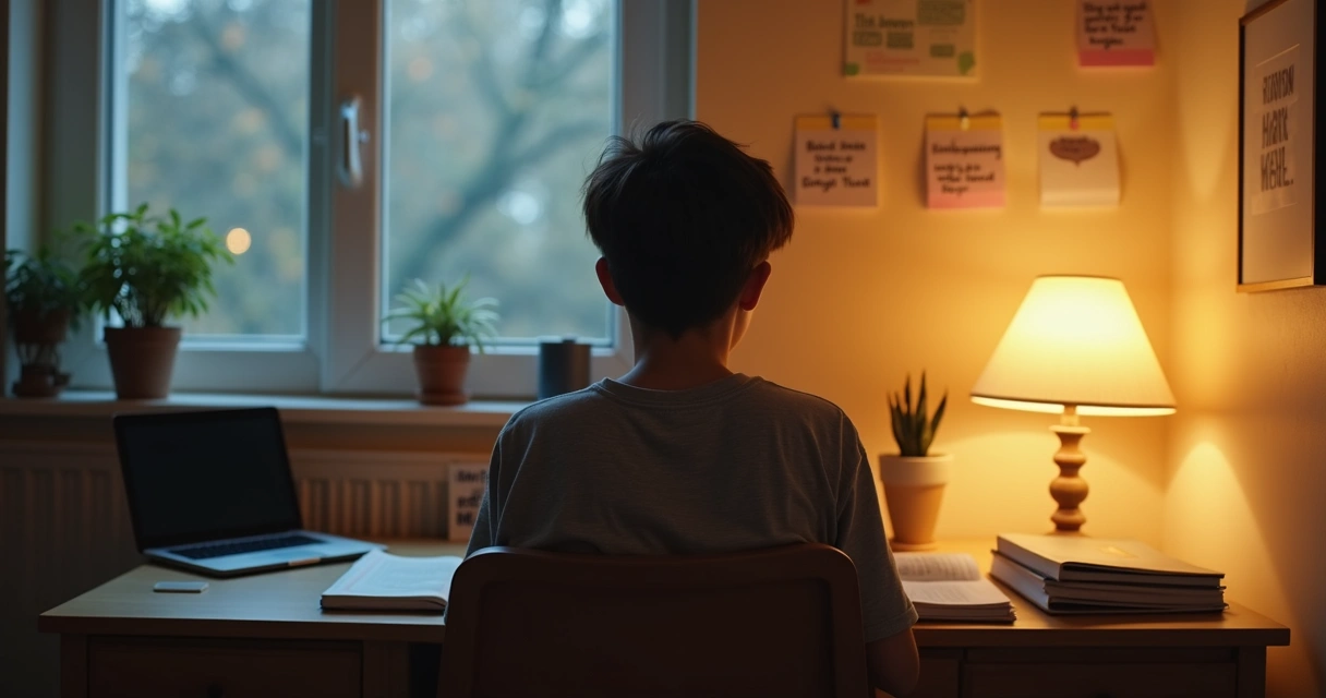 Jovem focado lendo livros sozinho em uma escrivaninha