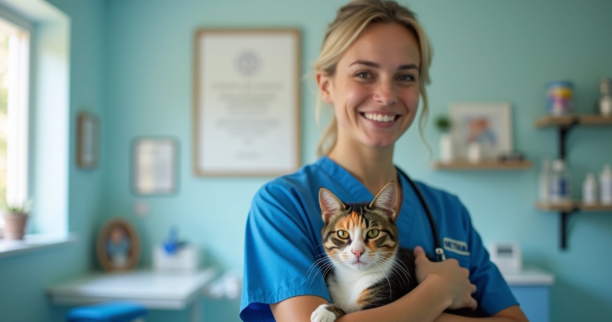 Ex-aluno sorridente em clínica veterinária com gato no colo 