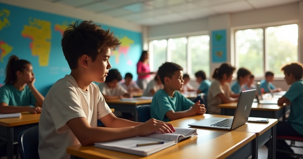Aluno sentado usando tablet em sala de aula 