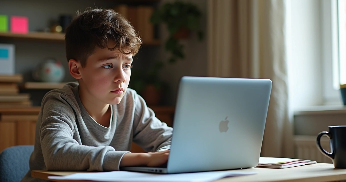 Jovem analisando opções de matrícula em um notebook com expressões de dúvida e foco 